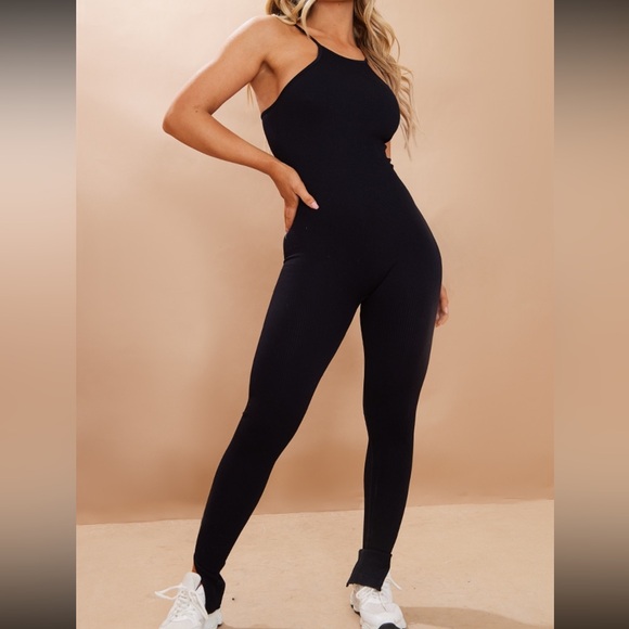 Black Structured Contour Ribbed Strappy Racer Neck Jumpsuit - Picture 2 of 5